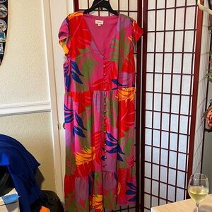 Seven7 Pink Tropical Leaf Print V-Neck Maxi Dress